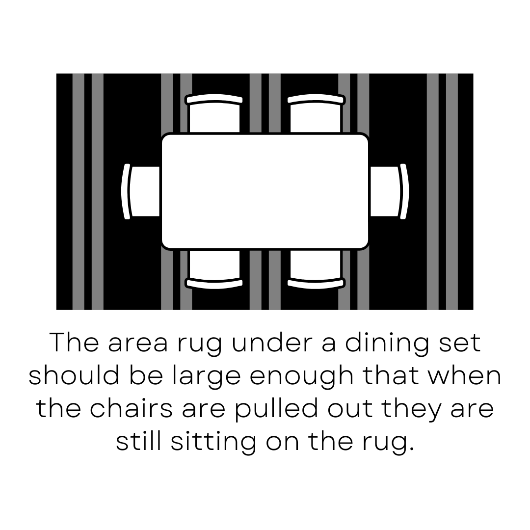 Size and placement of an area rug under a dining table. 