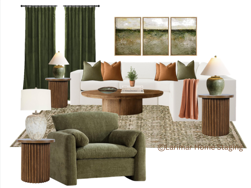 Mood board for living room in olive green and terra cotta orange color palette.