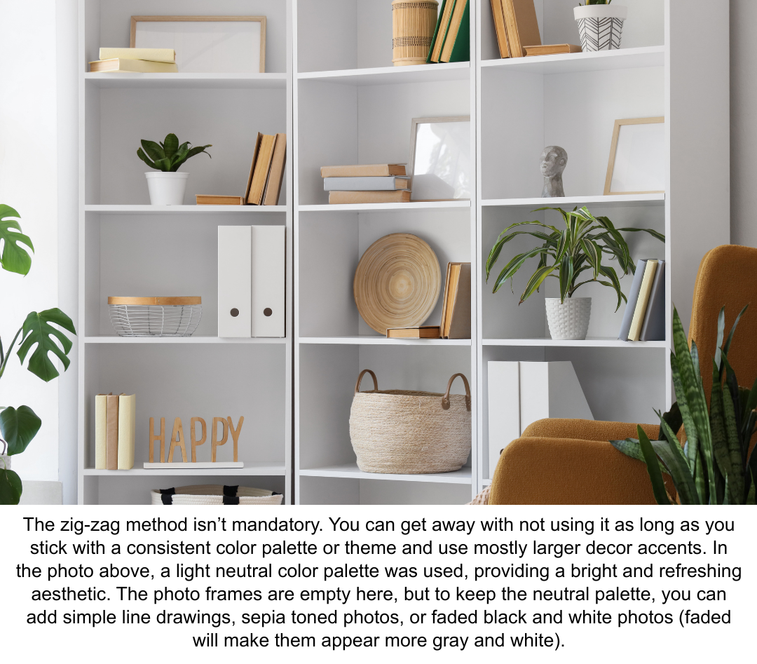 bookcase decor tan green white Styled bookcase