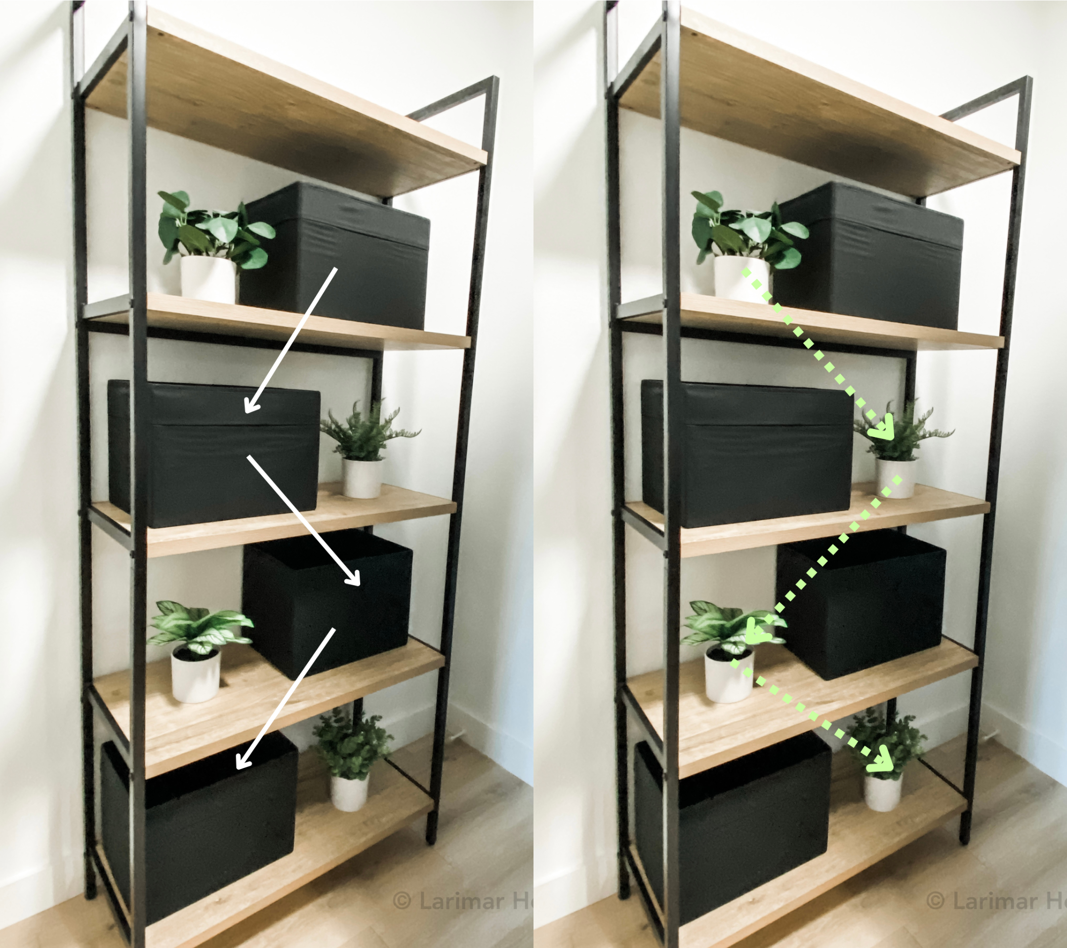 zig zag demo 3 How to style a bookcase with decorative storage baskets.